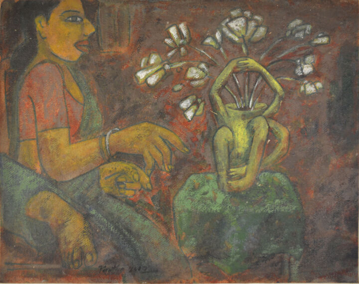 Painting titled "lady with flower va…" by Partha Mondal, Original Artwork, Acrylic