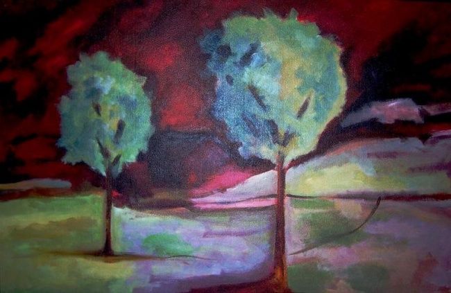 Painting titled "Crimson and Trees" by Parul Arya, Original Artwork