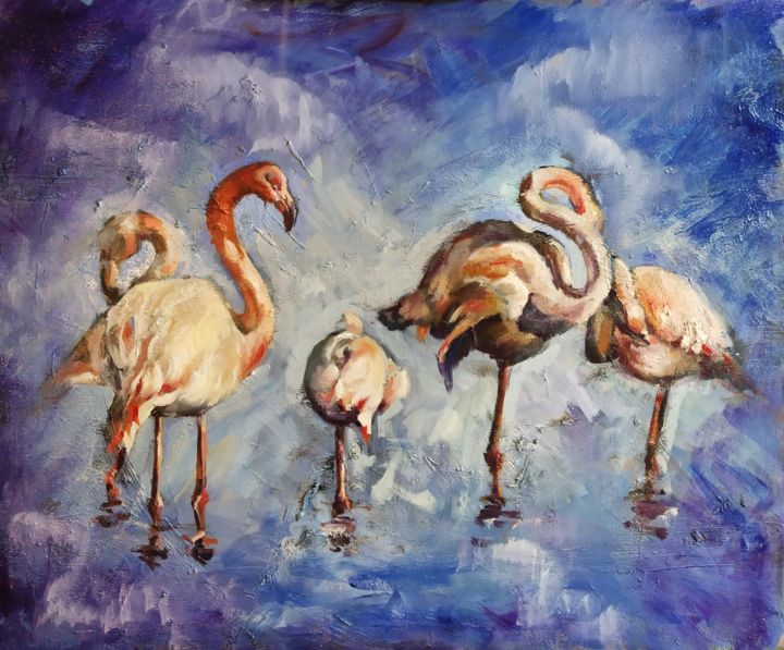 Ζωγραφική με τίτλο ""Flamingos"" από Parvana Ahmad, Αυθεντικά έργα τέχνης, Λάδι