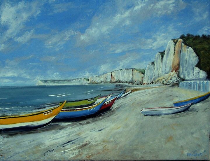 Painting titled "La plage d'Yport" by Pascal Baudot, Original Artwork, Oil Mounted on Wood Stretcher frame