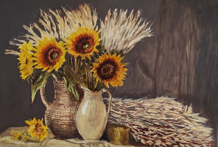 Painting titled "Les tournesols" by Pascal Bourgouin, Original Artwork, Oil Mounted on Wood Stretcher frame
