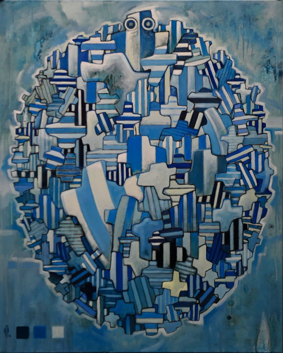 Painting titled "Blue Puzzlinel" by Pascal Buffard, Original Artwork, Oil