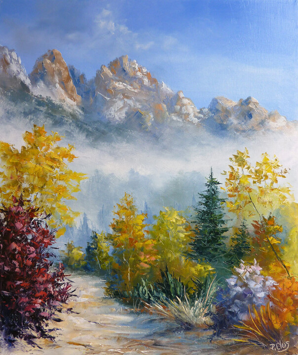 Painting titled "montagne brumeuse" by Pascal Clus, Original Artwork, Oil