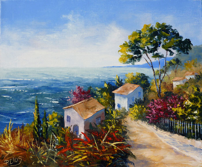 Painting titled "descente a la plage" by Pascal Clus, Original Artwork, Oil