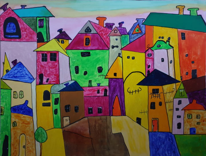 Peinture intitulée "Tableau 119 Village…" par Les Toiles De Pascal, Œuvre d'art originale, Acrylique Monté sur Châssis en bo…