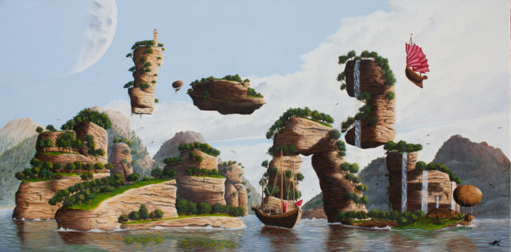 Painting titled "L'archipel des îles…" by Pascal Genevois, Original Artwork, Oil Mounted on Wood Stretcher frame