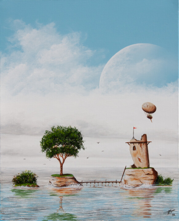 Painting titled "L'île à la tour" by Pascal Genevois, Original Artwork, Acrylic Mounted on Wood Stretcher frame
