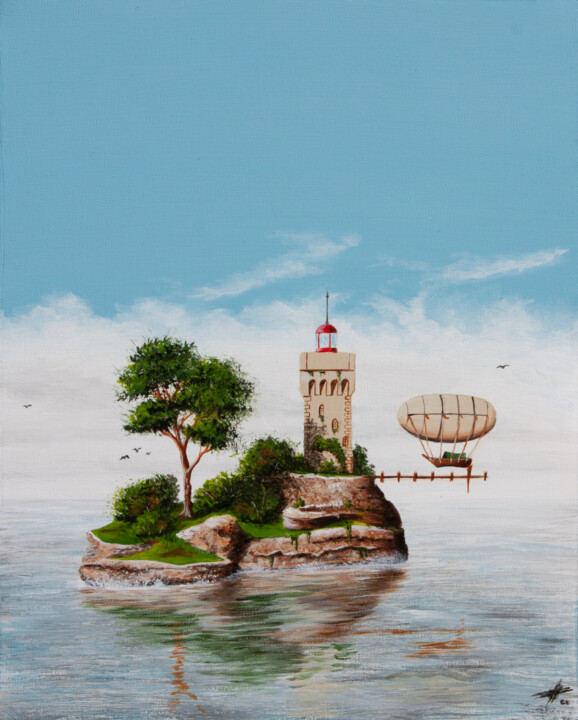 Schilderij getiteld "La tour phare" door Pascal Genevois, Origineel Kunstwerk, Acryl Gemonteerd op Frame voor houten brancard