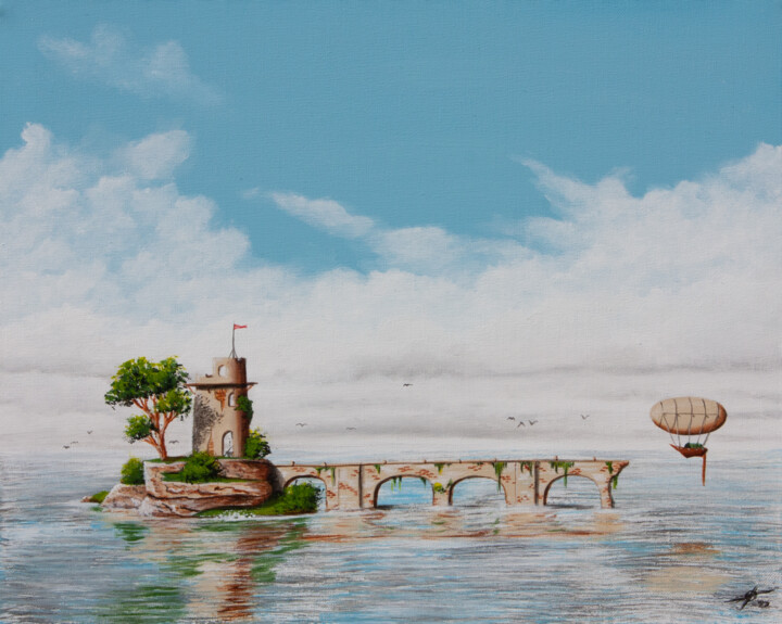 Painting titled "Sur le pont d'Avign…" by Pascal Genevois, Original Artwork, Acrylic Mounted on Wood Stretcher frame