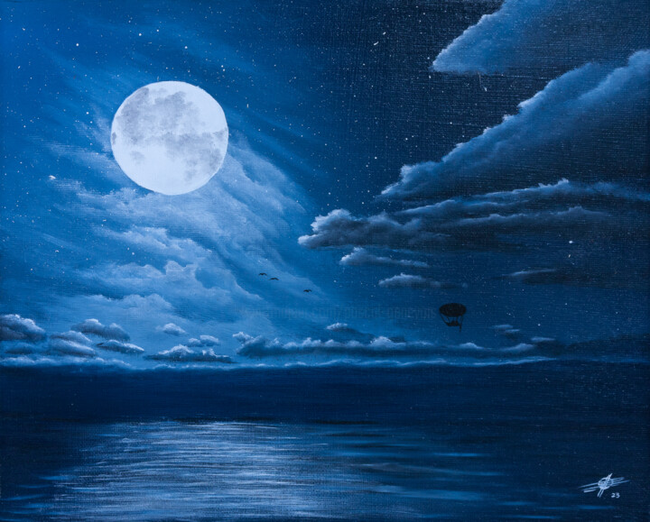Painting titled "Clair de lune 02" by Pascal Genevois, Original Artwork, Oil Mounted on Wood Stretcher frame