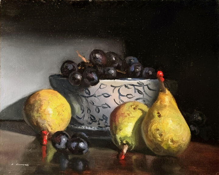 Painting titled "Poires, Raisins et…" by Pascal Giroud, Original Artwork, Oil