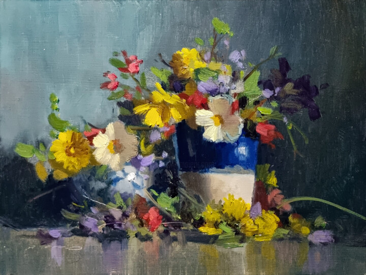 Ζωγραφική με τίτλο "Spring Flowers in a…" από Pascal Giroud, Αυθεντικά έργα τέχνης, Λάδι