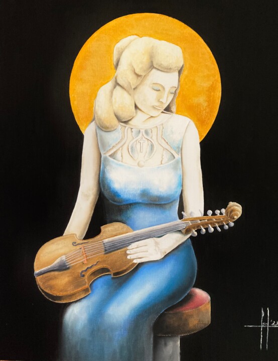 Schilderij getiteld "La Madonna con la V…" door Pascal Herve, Origineel Kunstwerk, Olie Gemonteerd op Frame voor houten bran…