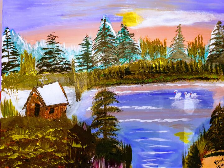 Painting titled "Le lac des cygnes" by Pascal Jung, Original Artwork, Oil