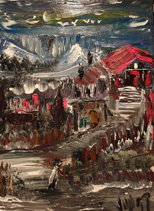 Painting titled "THE CABIN IN MOUNTA…" by Pascal Jung, Original Artwork, Oil