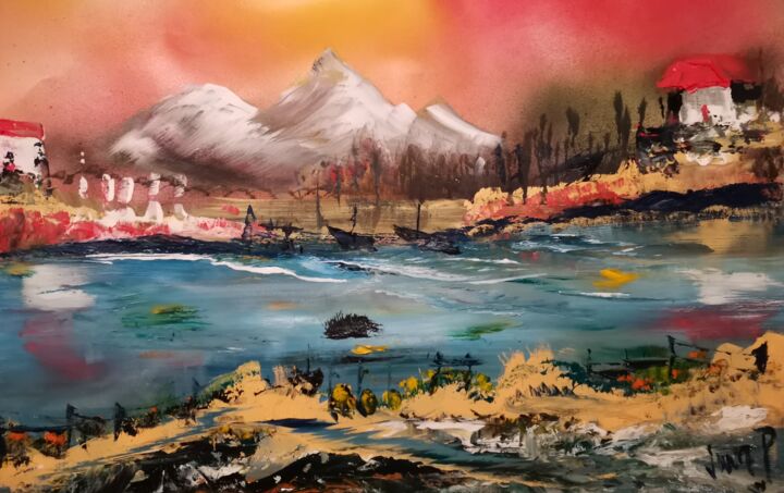 Картина под названием "River lake" - Pascal Jung, Подлинное произведение искусства, Масло Установлен на Деревянная рама для…
