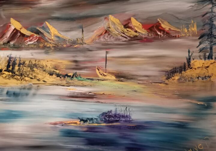 Painting titled "River Lake 9" by Pascal Jung, Original Artwork, Oil Mounted on Wood Stretcher frame