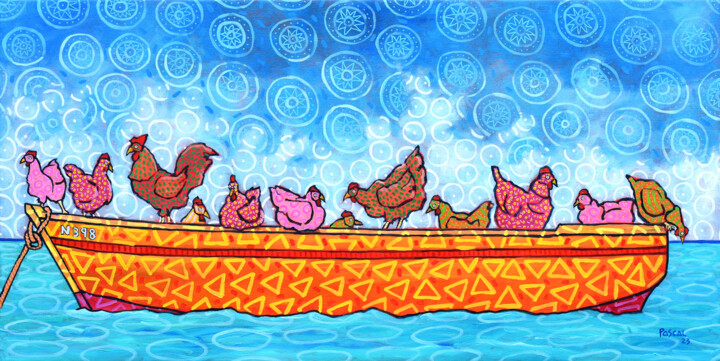 Malarstwo zatytułowany „Chickens on a boat” autorstwa Pascal Lagesse, Oryginalna praca, Akryl Zamontowany na Drewniana rama…