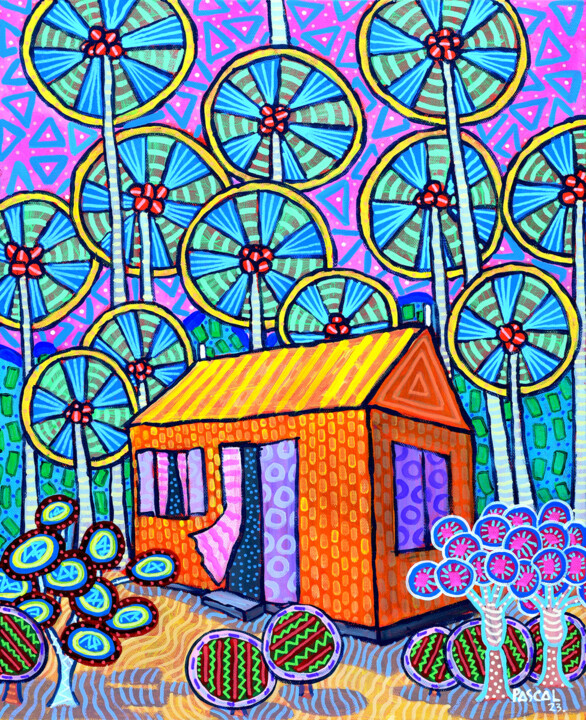 Painting titled "House in the coconu…" by Pascal Lagesse, Original Artwork, Acrylic Mounted on Wood Stretcher frame