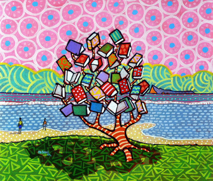 Painting titled "Book tree" by Pascal Lagesse, Original Artwork, Acrylic