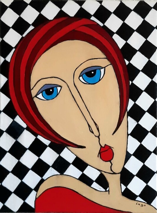 Painting titled "Portrait féminin 13" by Pascal Lago, Original Artwork, Acrylic Mounted on Wood Stretcher frame