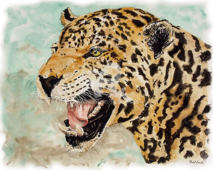 Malerei mit dem Titel "Le jaguar à soif" von Pascal Lenoble, Original-Kunstwerk
