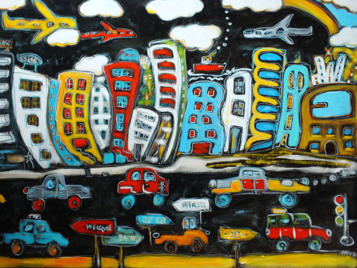 Painting titled "La Ville" by Pascal Milcendeau, Original Artwork, Acrylic Mounted on Wood Stretcher frame