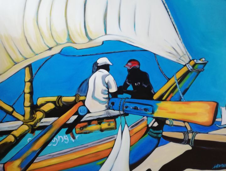 Painting titled "La voile blanche" by Pascal Milcendeau, Original Artwork, Acrylic Mounted on Wood Stretcher frame