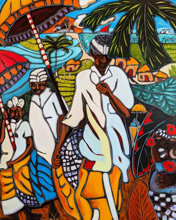 Peinture intitulée "Procession balinaise" par Pascal Milcendeau, Œuvre d'art originale, Acrylique Monté sur Châssis en bois