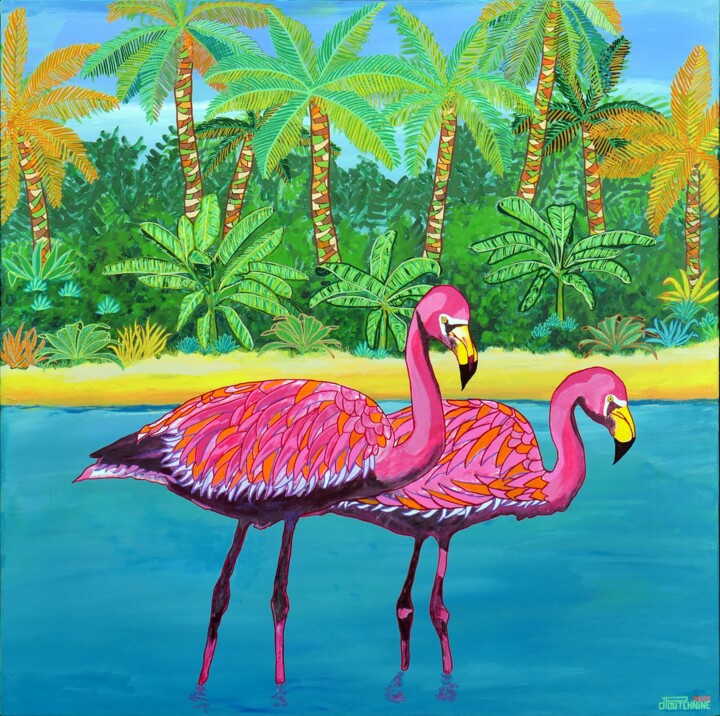 Painting titled "Deux flamants roses…" by Pascal Poutchnine, Original Artwork, Acrylic Mounted on Wood Stretcher frame