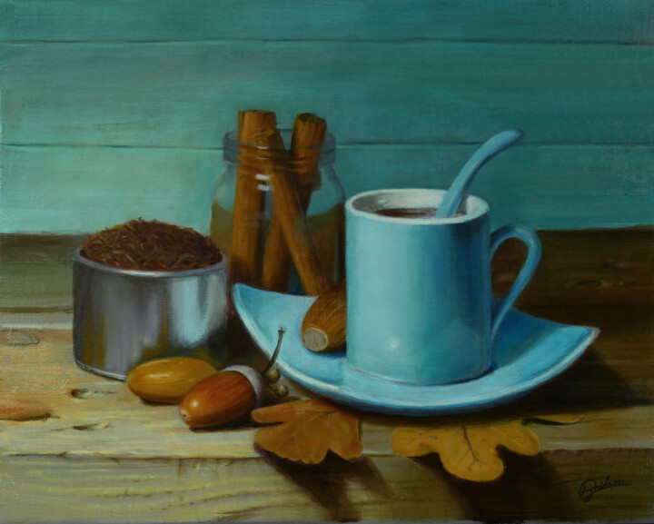 Malerei mit dem Titel "La tasse bleue" von Pascal Roskam, Original-Kunstwerk, Öl