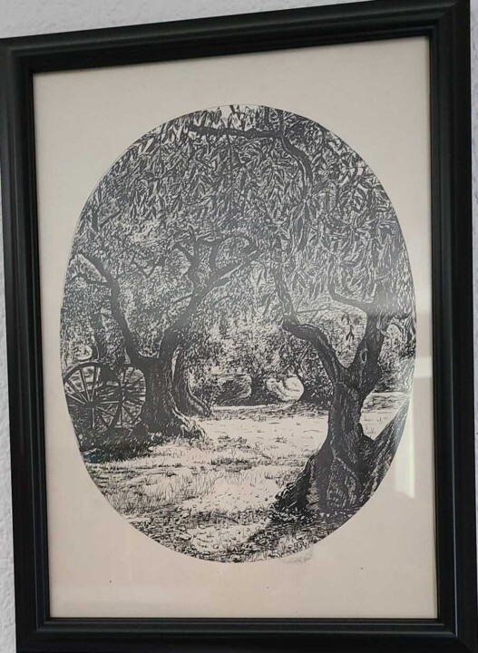 Drawing titled "Oliveraie" by Pascal Roubaud, Original Artwork, Ink Mounted on Glass