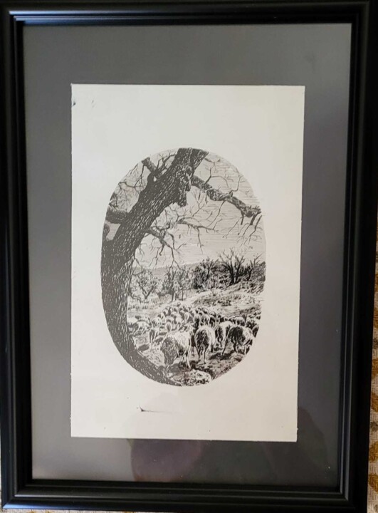 Drawing titled "Moutons" by Pascal Roubaud, Original Artwork, Ink Mounted on Glass