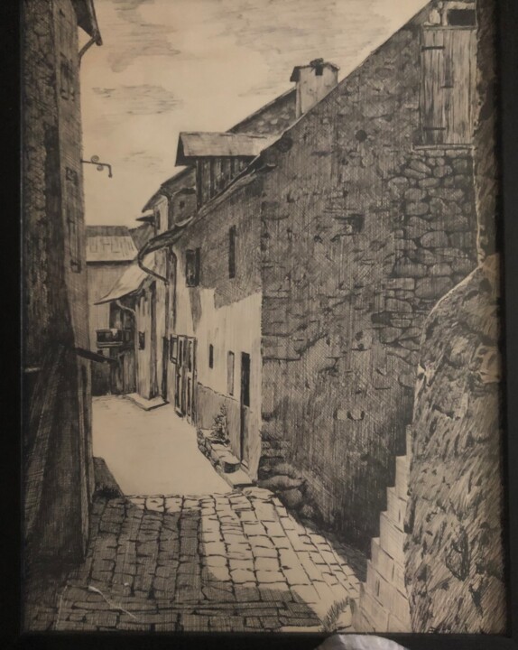 Drawing titled "Une rue du village" by Pascal Roubaud, Original Artwork, Ink Mounted on Glass