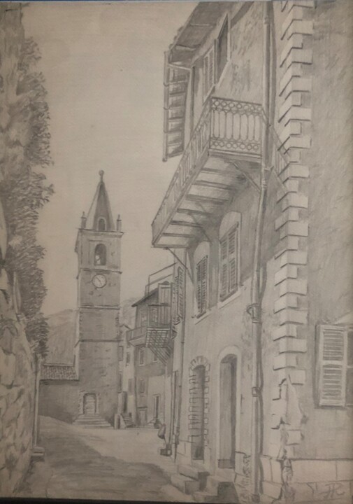 Desenho intitulada "Place de l'église.…" por Pascal Roubaud, Obras de arte originais, Grafite Montado em Vidro