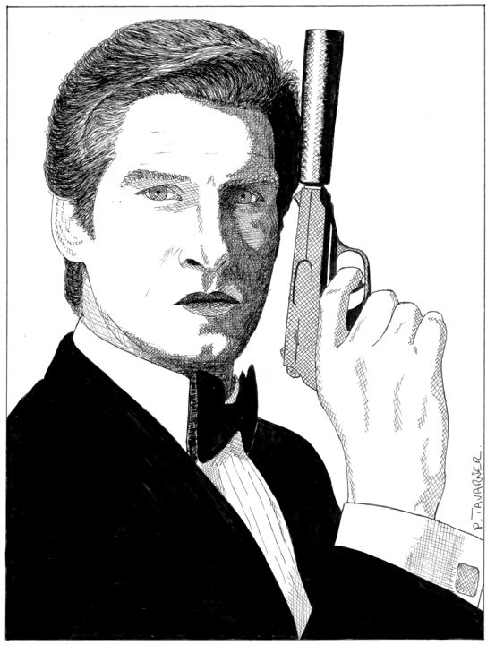 「Pierce Brosnan」というタイトルの描画 Pascal Tavarnerによって, オリジナルのアートワーク, インク