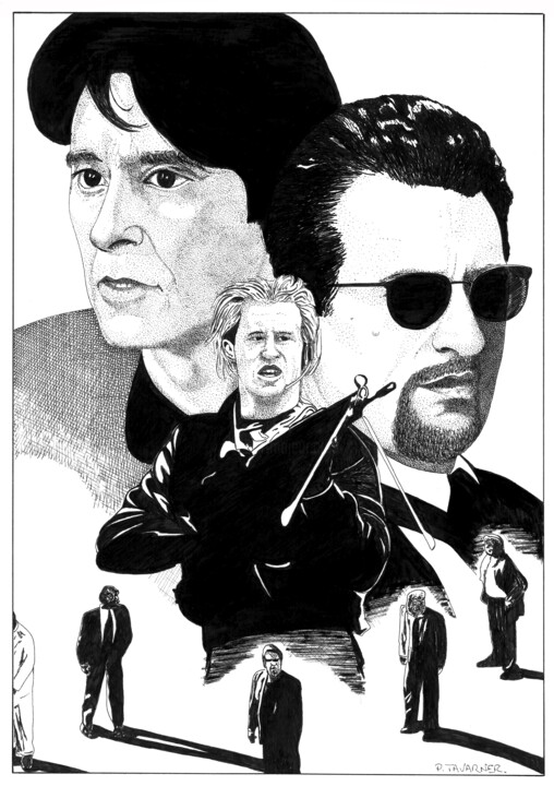 Dessin intitulée "De Niro, Pacino, Ki…" par Pascal Tavarner, Œuvre d'art originale, Encre