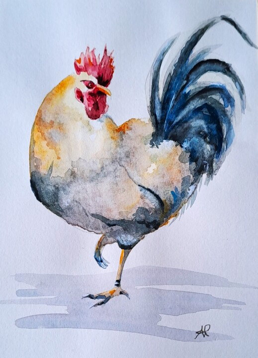 Schilderij getiteld "Coq" door Pascale Alloncle, Origineel Kunstwerk, Aquarel