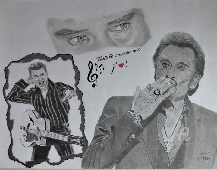 Dessin intitulée "Johnny Hallyday - T…" par Pascale Scheip, Œuvre d'art originale, Graphite