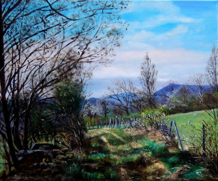 Painting titled "Sentier alpin" by Pascale Harnisch, Original Artwork, Oil