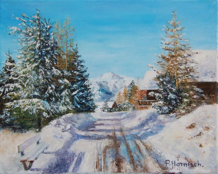 Painting titled "Hiver à Chaillol" by Pascale Harnisch, Original Artwork, Oil