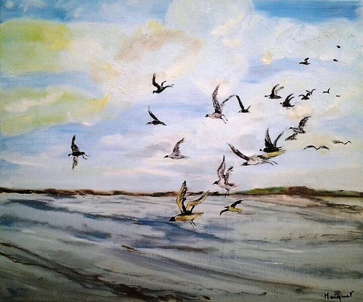 Peinture intitulée "Oiseaux à la pêche" par Pascaline Marquet Bernard, Œuvre d'art originale, Huile