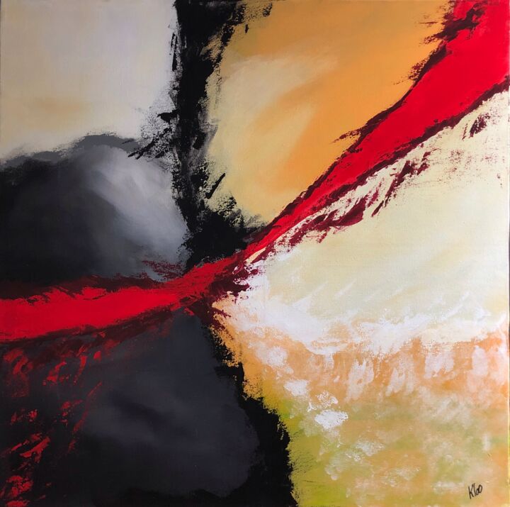 Painting titled "LE RUBAN ROUGE 5" by Pascale Rey-Texier, Original Artwork, Acrylic Mounted on Wood Stretcher frame
