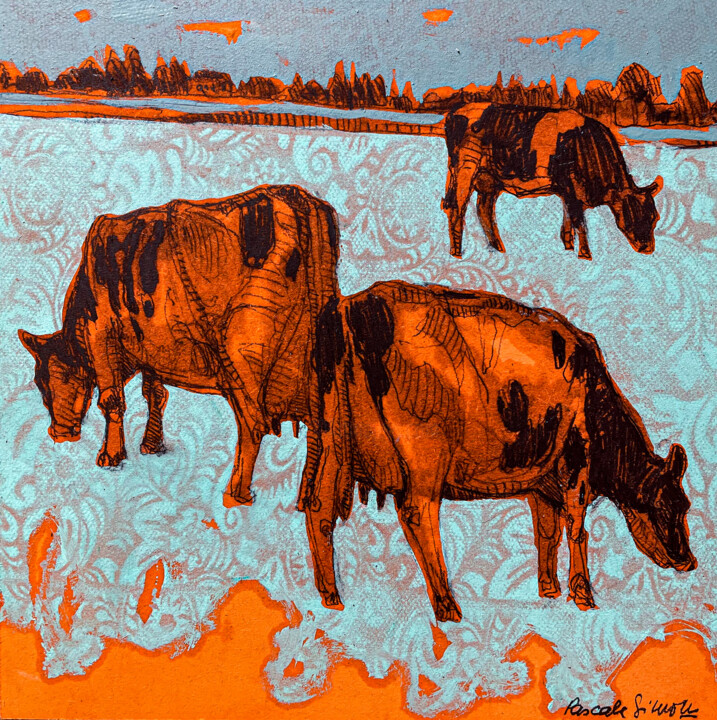 Peinture intitulée ""Vaches de saison"…" par Pascale Simon, Œuvre d'art originale, Crayon Monté sur Châssis en bois