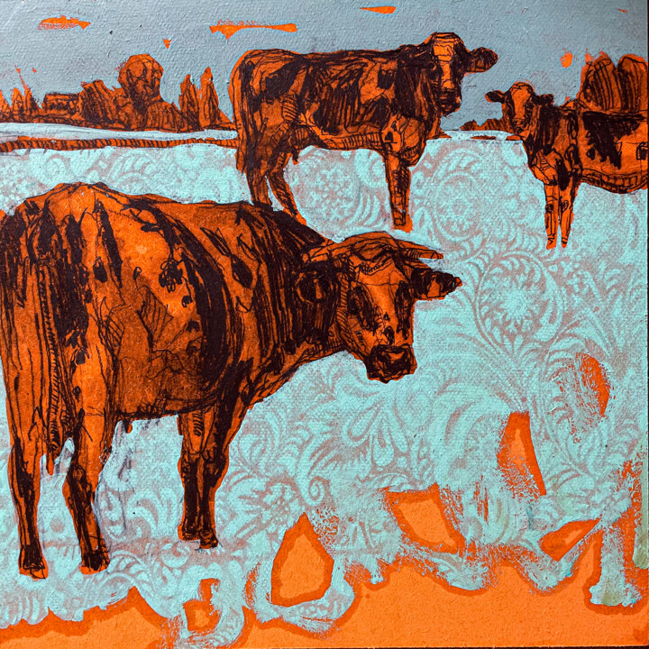 Peinture intitulée ""Vaches de saison"…" par Pascale Simon, Œuvre d'art originale, Crayon Monté sur Châssis en bois
