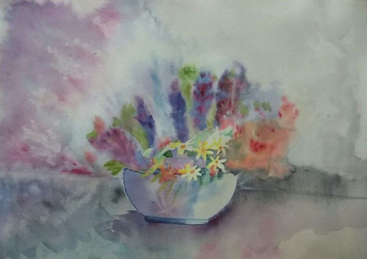 Painting titled "Bouquet de lilas et…" by Pascale Coutoux, Original Artwork, Watercolor