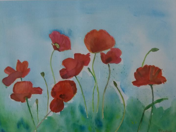 「Coquelicots」というタイトルの絵画 Pascale Coutouxによって, オリジナルのアートワーク, 水彩画
