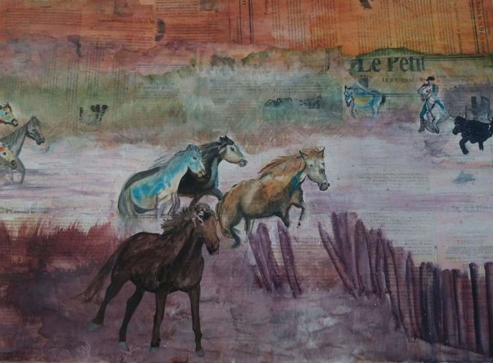 Peinture intitulée "Chevaux et taureaux…" par Pascale Coutoux, Œuvre d'art originale, Aquarelle