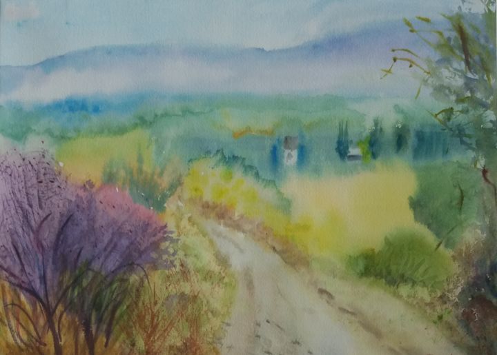 Painting titled "Chemin en Provence…" by Pascale Coutoux, Original Artwork, Watercolor