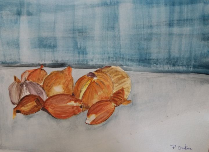 Painting titled "Oignons" by Pascale Coutoux, Original Artwork, Watercolor